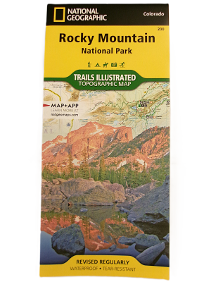 The Map - RMNP Trails Illustrated Topographic (TI200) by National Geographic features Rocky Mountain National Park, Colorado, with detailed trails, landmarks, and a scenic mountain landscape on the cover.