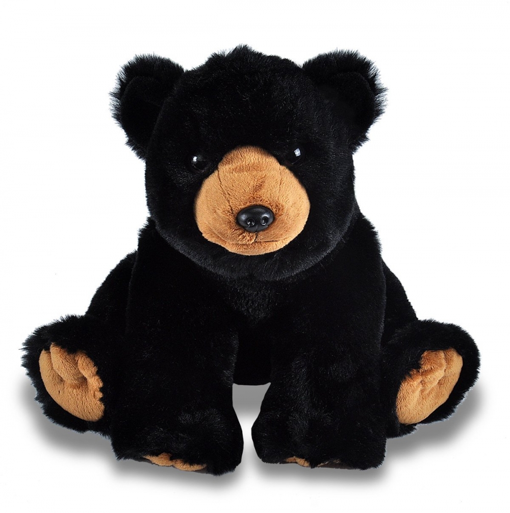 A Black Bear Plush sitting on a white background.