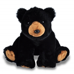 A Black Bear Plush sitting on a white background.