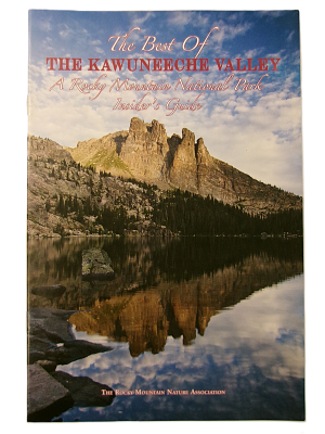 Cover of "The Best of the Kawuneeche Valley: A Rocky Mountain National Park Insider’s Guide" shows a rocky mountain landscape mirrored in a tranquil lake beneath a partly cloudy sky.