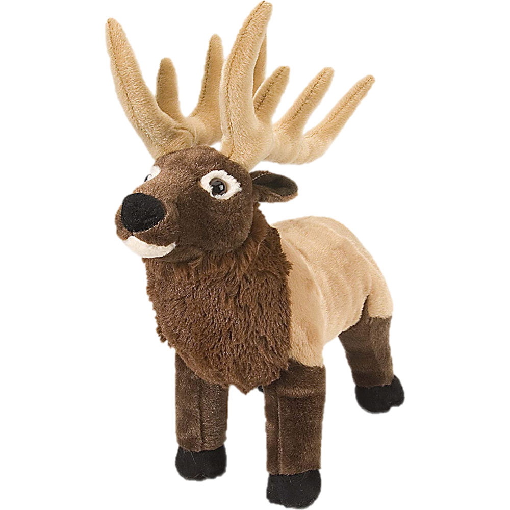A Elk Plush 8" with antlers standing on a black background.