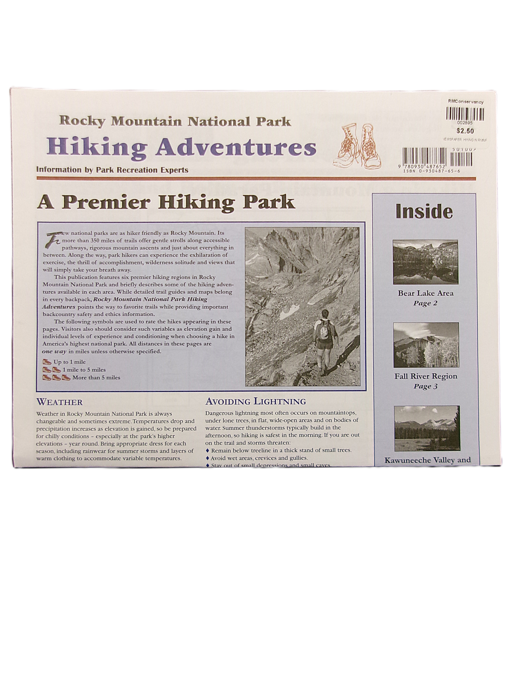 Front page of "Hiking Adventures in Rocky Newspaper" with an article, black and white hiking photo, weather info, and a list of guide sections.