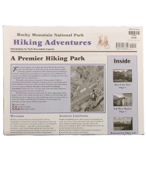 Front page of "Hiking Adventures in Rocky Newspaper" with an article, black and white hiking photo, weather info, and a list of guide sections.