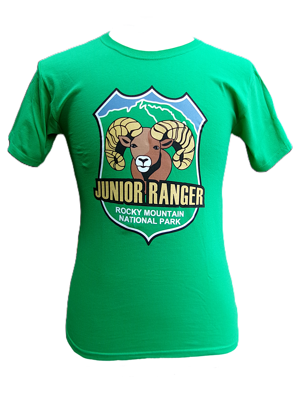 Short Sleeve Shirt - Junior Ranger: Green T-shirt with a bold badge logo featuring a bighorn sheep and "Junior Ranger Rocky Mountain National Park" text on the front.