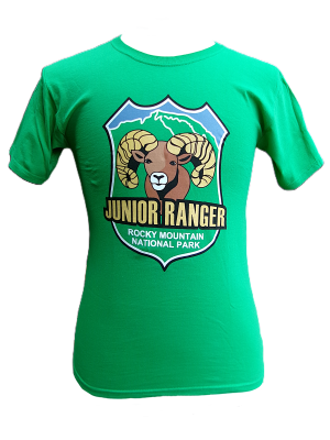 Short Sleeve Shirt - Junior Ranger: Green T-shirt with a bold badge logo featuring a bighorn sheep and "Junior Ranger Rocky Mountain National Park" text on the front.