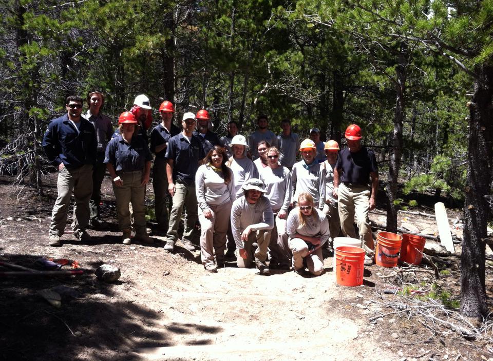 Workers and volunteers posing for a picture in a forest