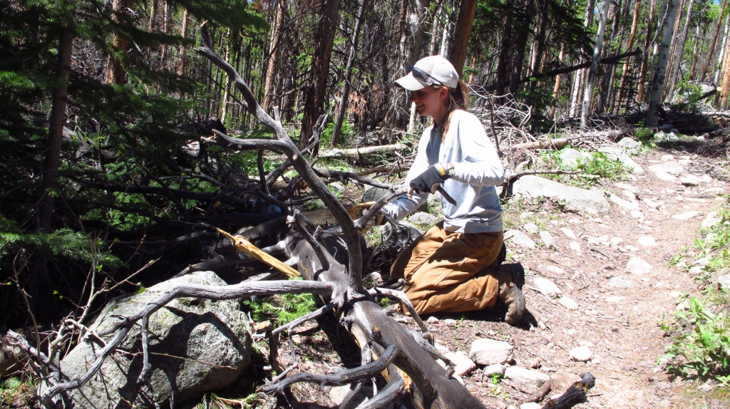 A man kneeling on a trail in the woods.