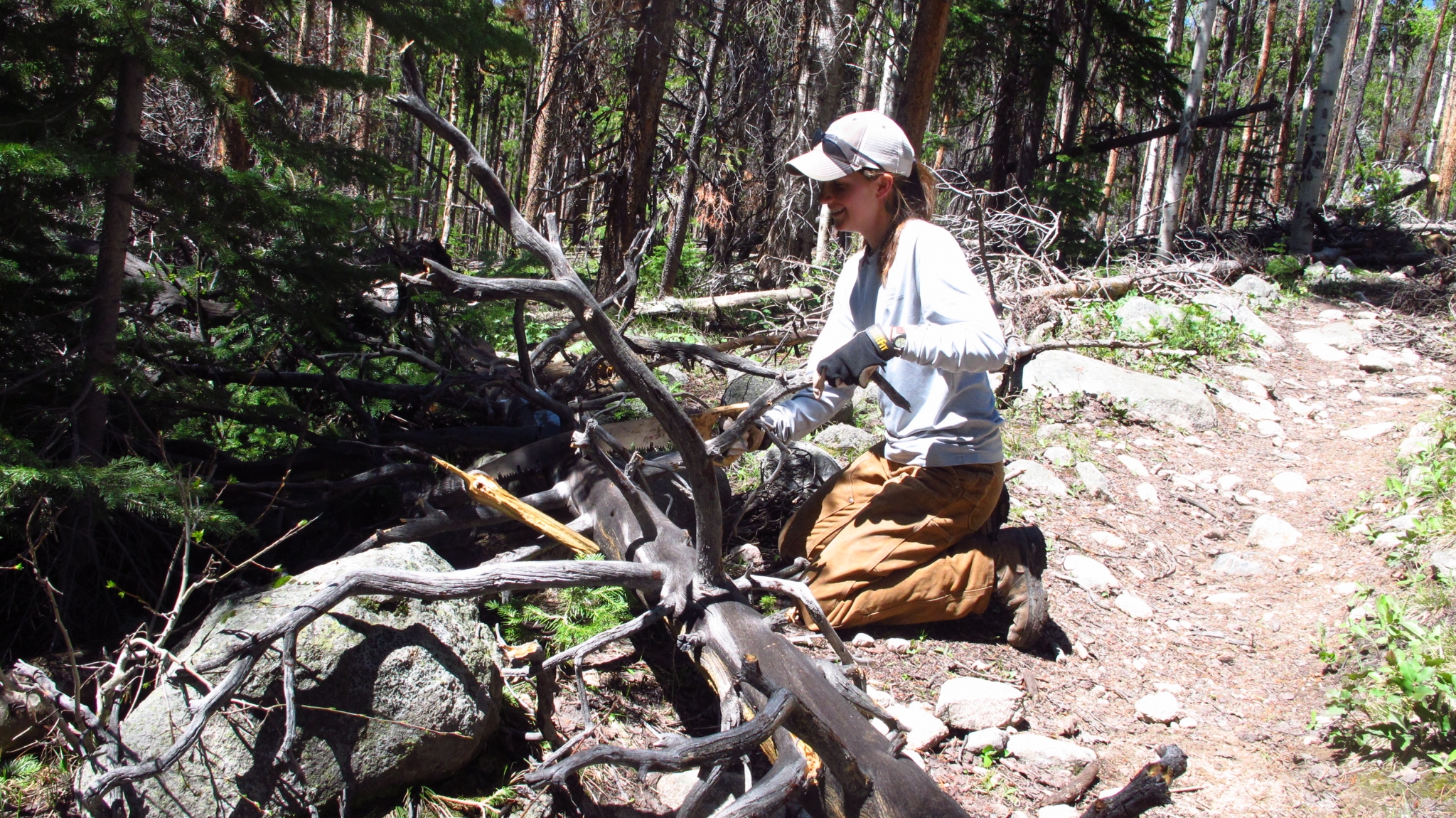 A woman in outdoor clothing kneels while sawing a fallen tree