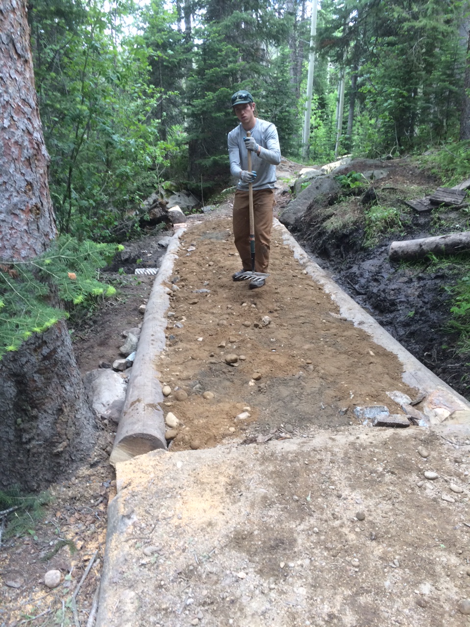A man stands on a dirt trail lined with logs in a forest, holding a shovel