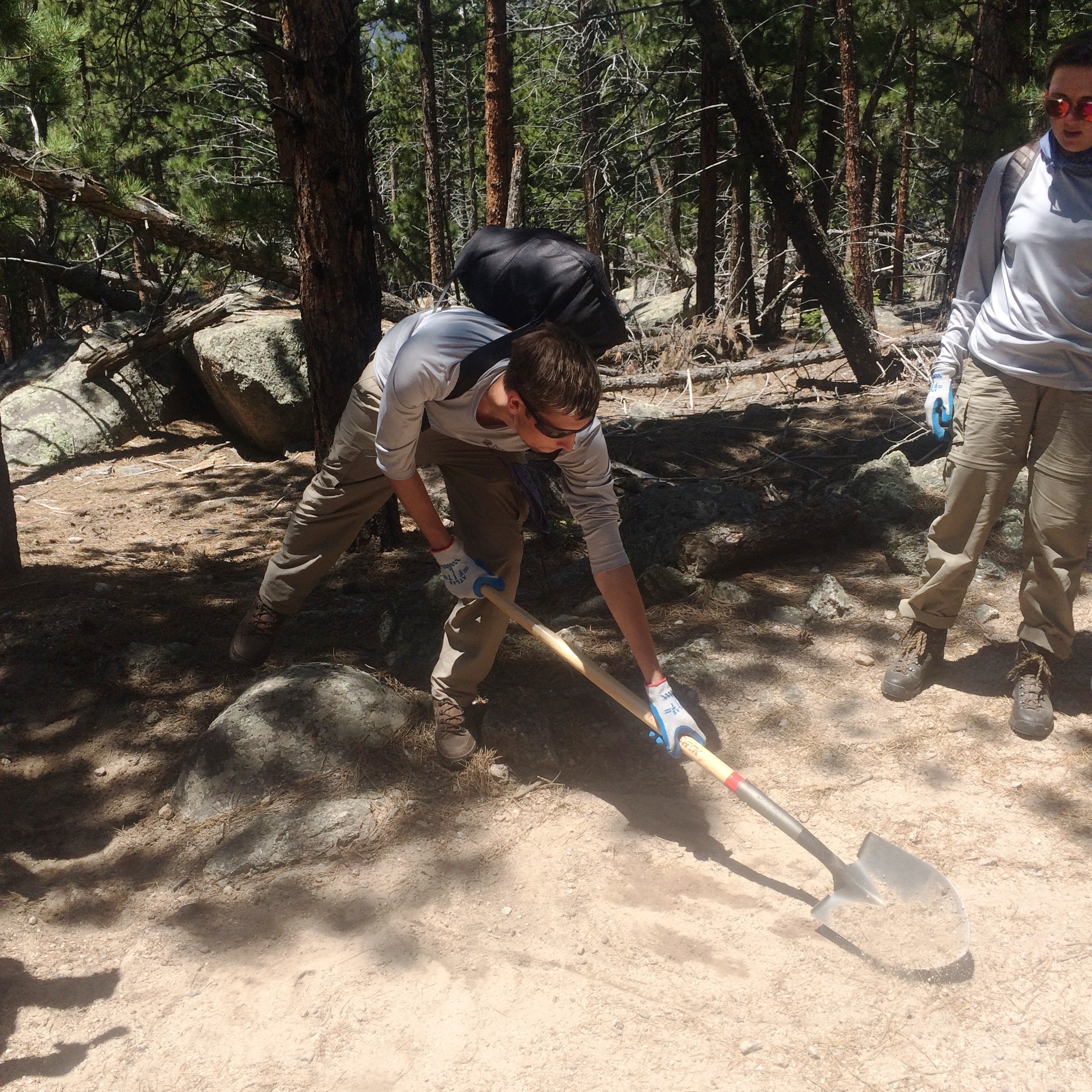 Men in a forest, one digging with a shovel while the other watches