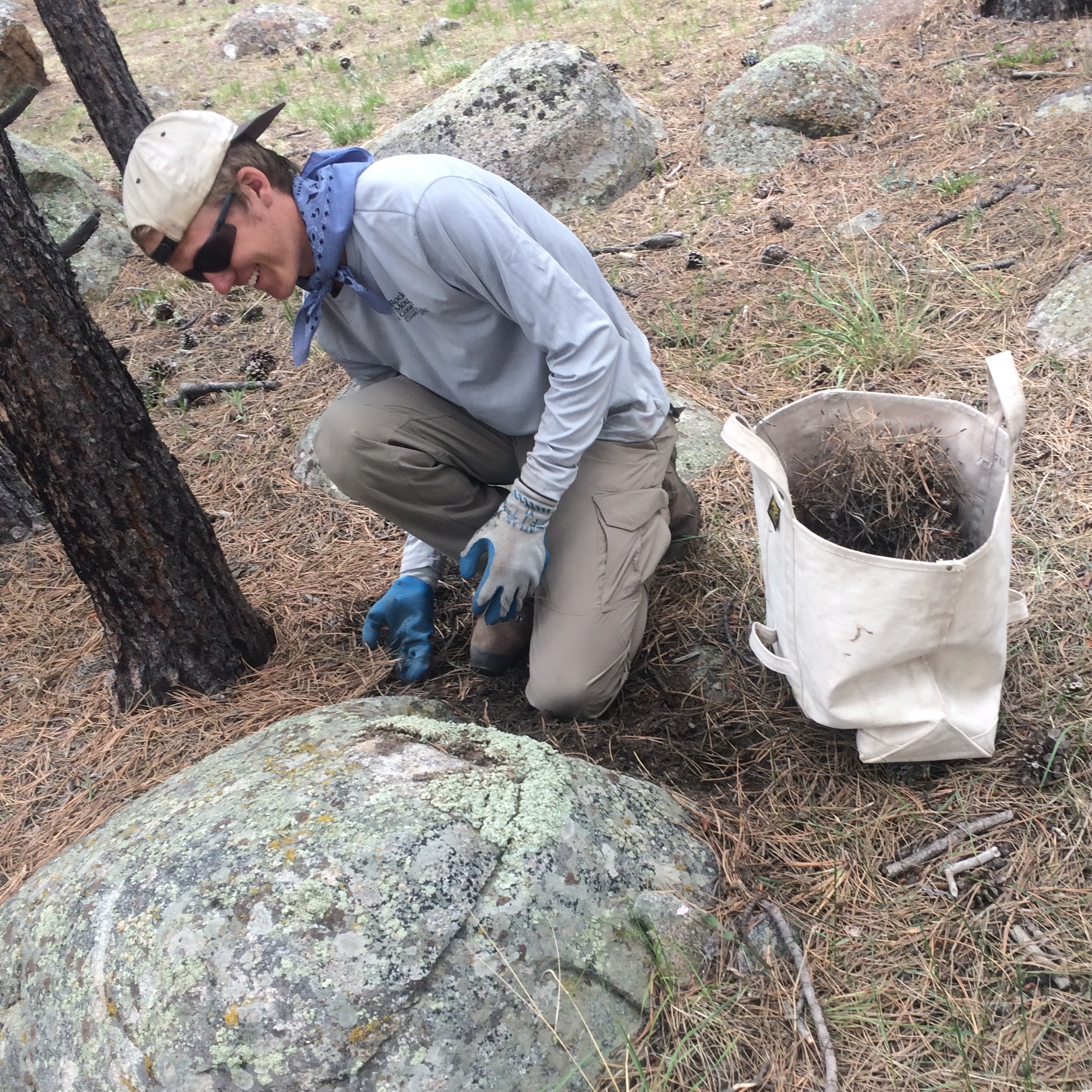A man in outdoor clothing kneels by a rock, examining the ground with gloves on