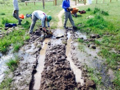 Three people work to repair a muddy trail in a grassy area