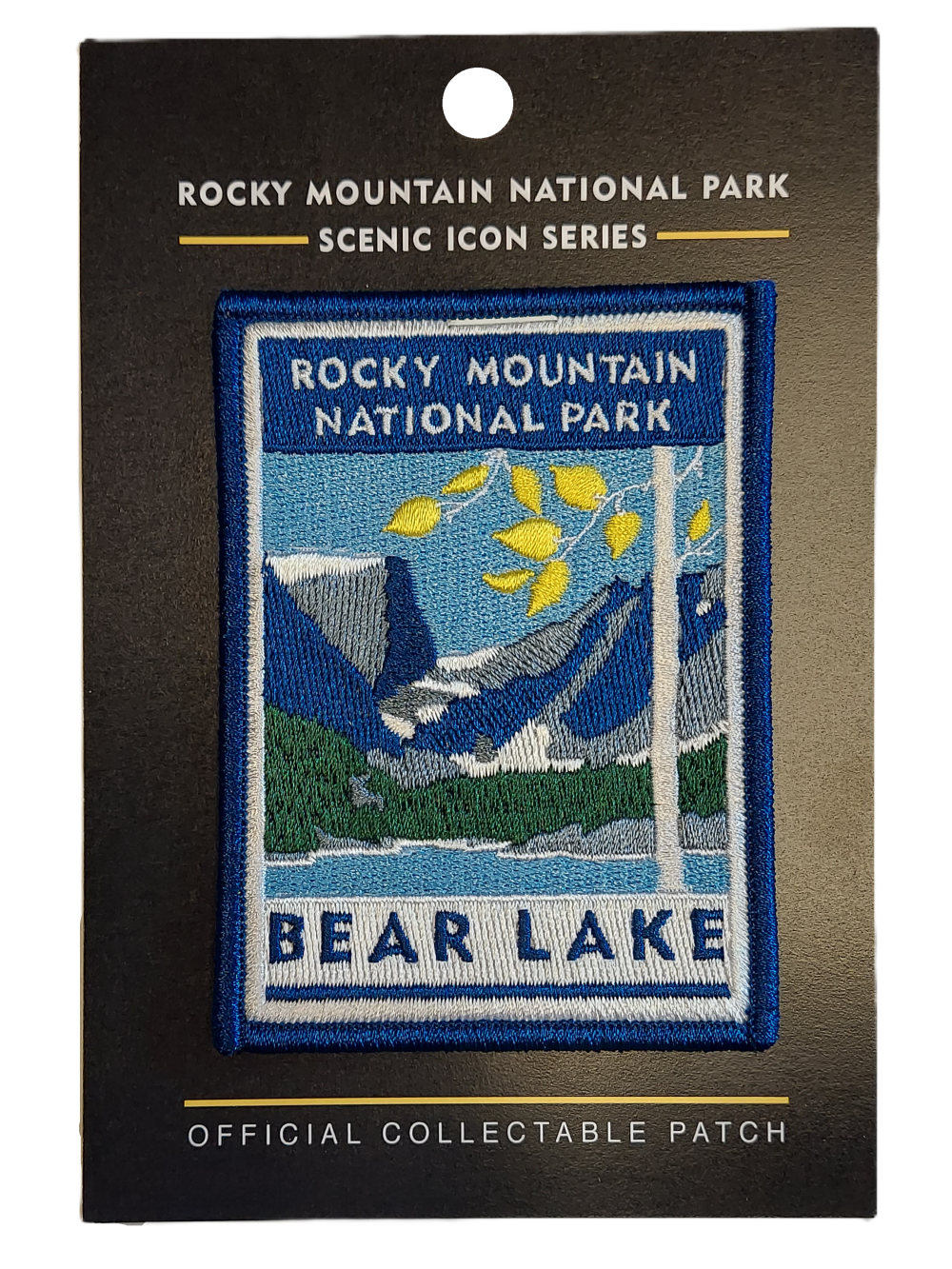 Patch - RMNP Bear Lake: Embroidered patch showcasing Bear Lake with mountains, trees, and a lake at Rocky Mountain National Park. Text reads: "Rocky Mountain National Park, Scenic Icon Series, Bear Lake.