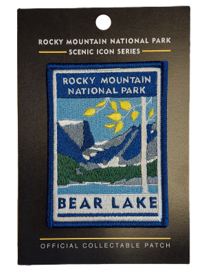 Patch - RMNP Bear Lake: Embroidered patch showcasing Bear Lake with mountains, trees, and a lake at Rocky Mountain National Park. Text reads: "Rocky Mountain National Park, Scenic Icon Series, Bear Lake.