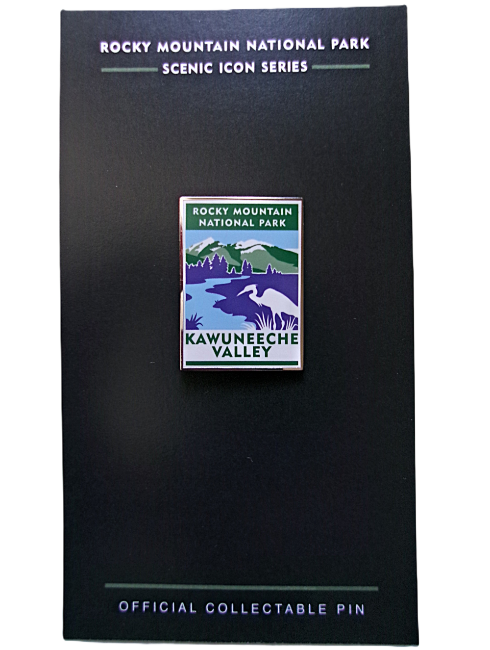 The Pin - RMNP Kawuneeche Valley is part of the Scenic Icon Series, showcasing iconic Kawuneeche Valley scenery in Rocky Mountain National Park on a black background card.