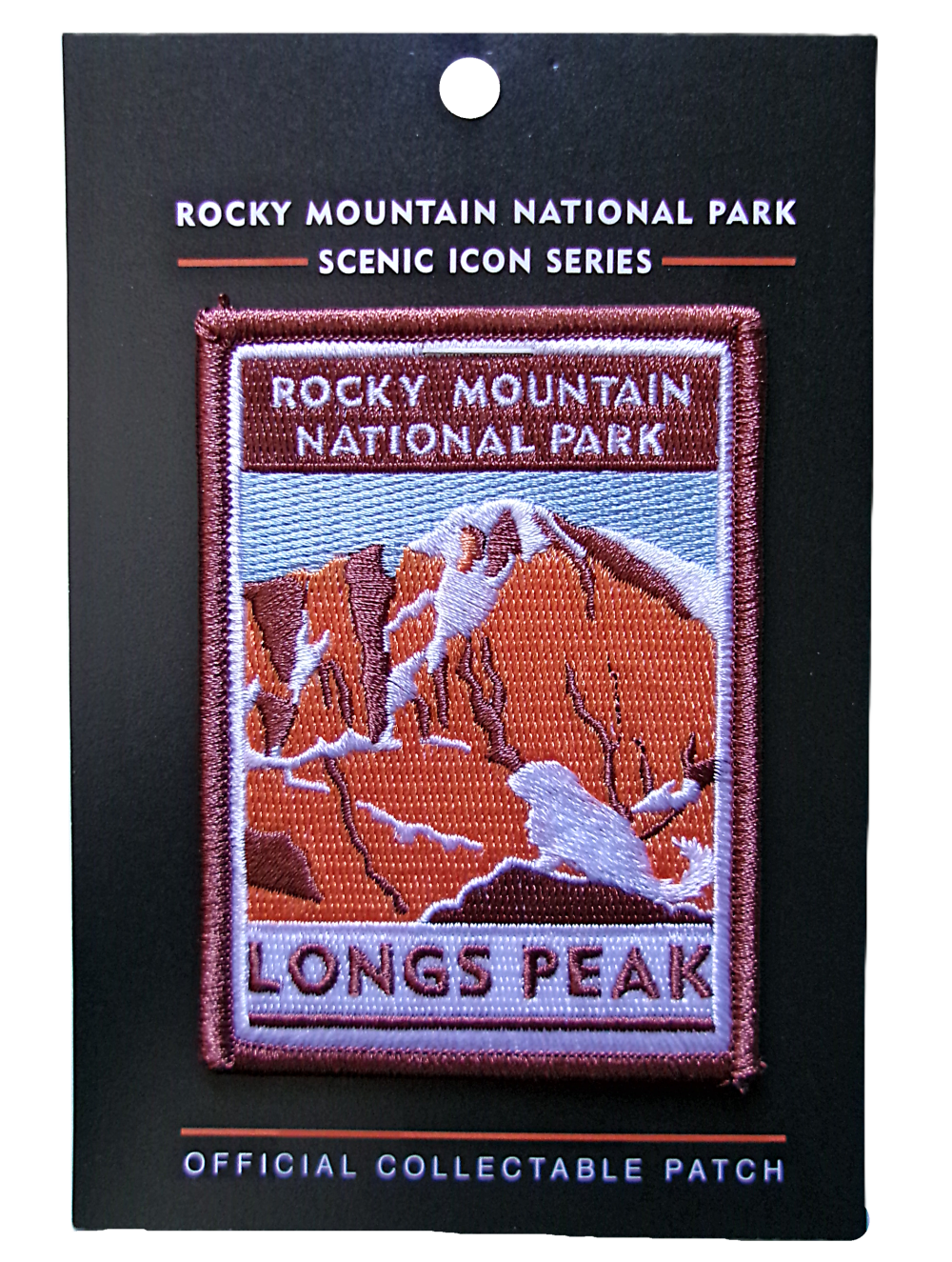 Longs Peak Patch The official collectible patch, "Patch - RMNP Longs Peak," showcases an embroidered depiction of Longs Peak in Rocky Mountain National Park, with the text "Rocky Mountain National Park" and "Longs Peak.