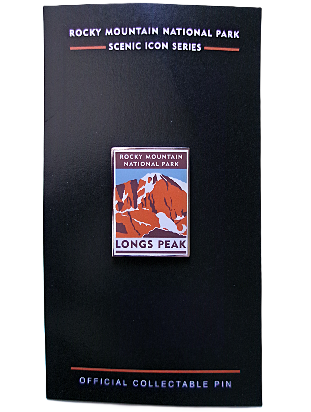 Scenic Icon Series pin featuring a stylized mountain design labeled "Pin - RMNP Longs Peak" on a black background.