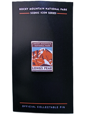 Scenic Icon Series pin featuring a stylized mountain design labeled "Pin - RMNP Longs Peak" on a black background.