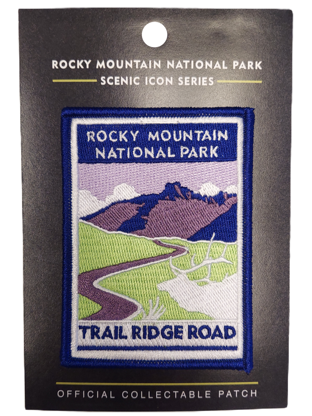 Patch - RMNP Trail Ridge Road: An embroidered patch featuring a scenic view of Trail Ridge Road at Rocky Mountain National Park, part of the Scenic Icon Series.