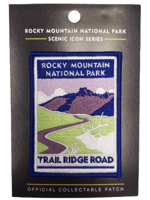 Patch - RMNP Trail Ridge Road: An embroidered patch featuring a scenic view of Trail Ridge Road at Rocky Mountain National Park, part of the Scenic Icon Series.