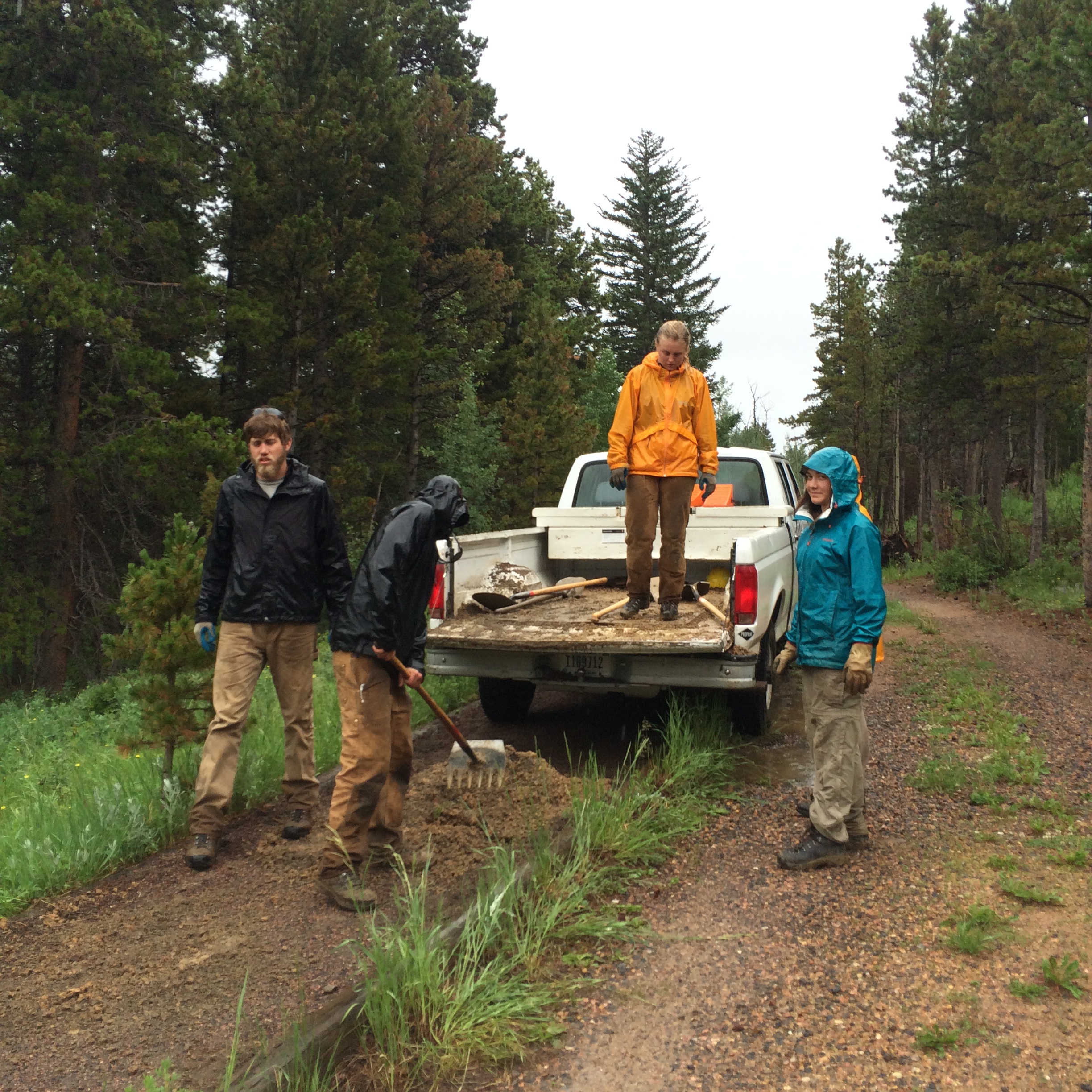 Four people standing by a pickup truck loaded with tools on a forest trail