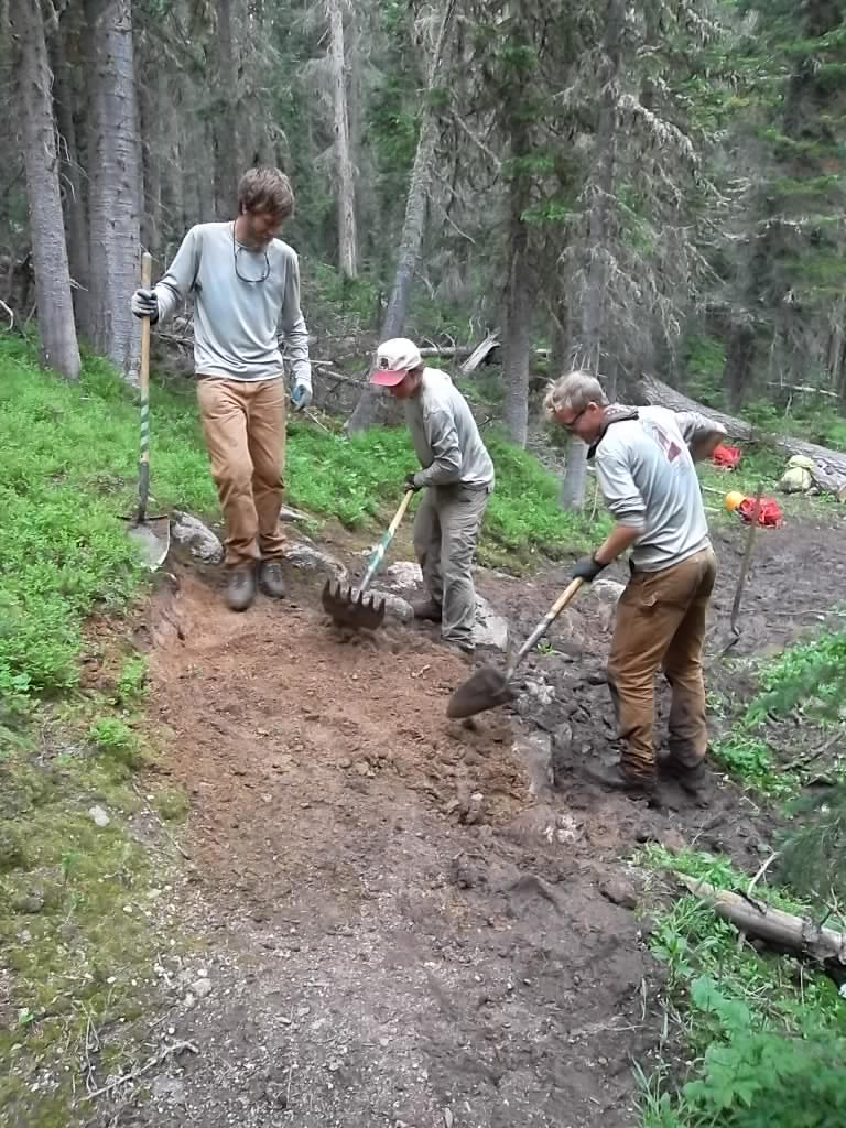 Three people working on a forest trail, using shovels and a rake, with green trees surrounding them.