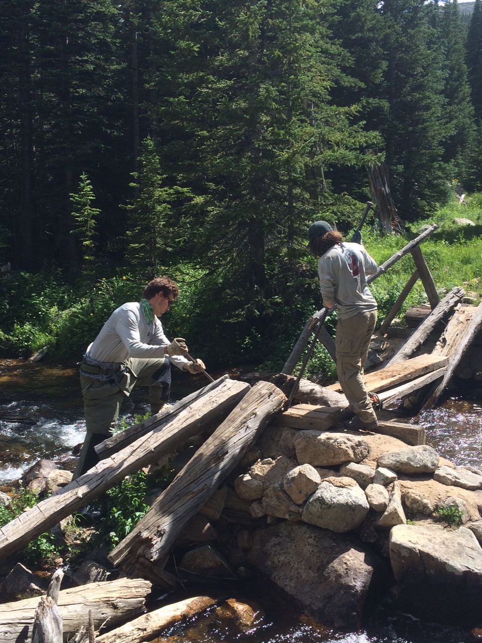 Two people repairing a wooden bridge over a forest stream.