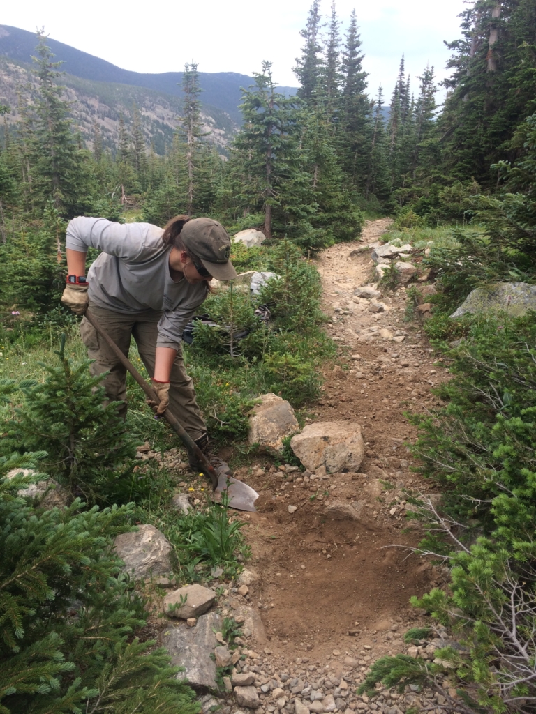A person digging a rocky dirt trail in a dense forested area.