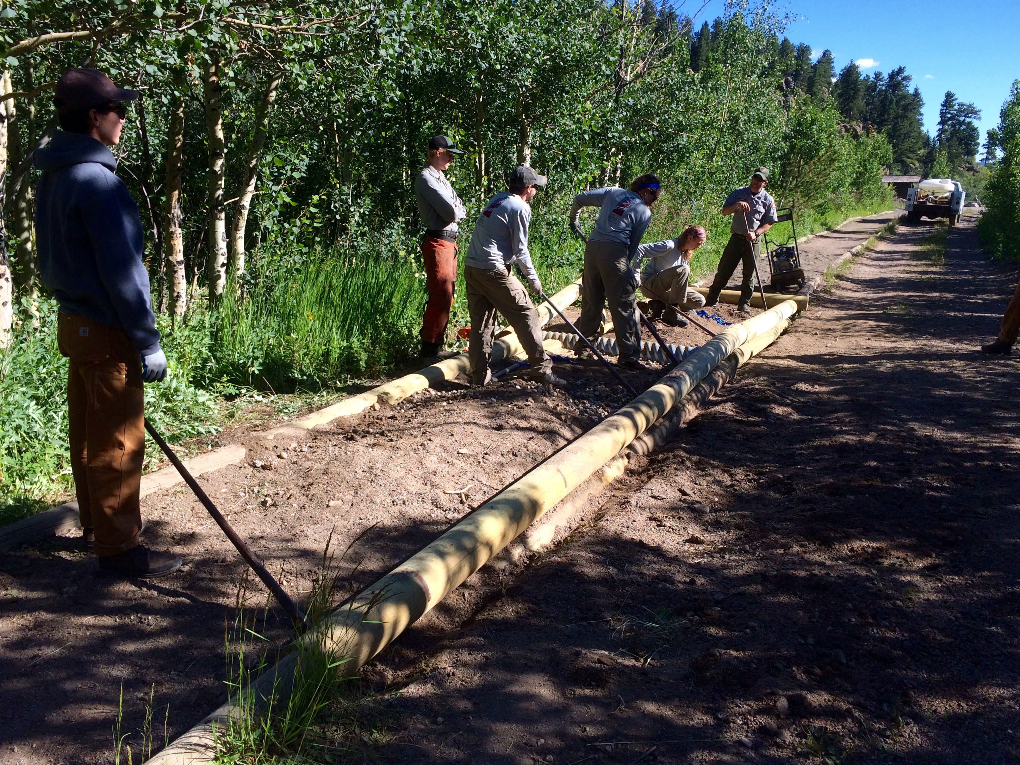 A group of people working together to move a large log at a forested outdoor site.