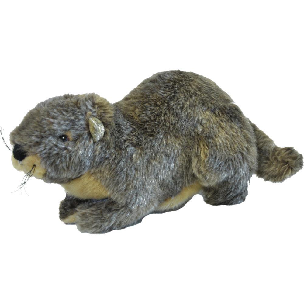 A plush marmot lying down on a black background.
