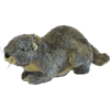 A plush marmot lying down on a black background.