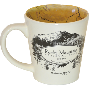 A RMNP Map mug with the words rocky mountains on it.