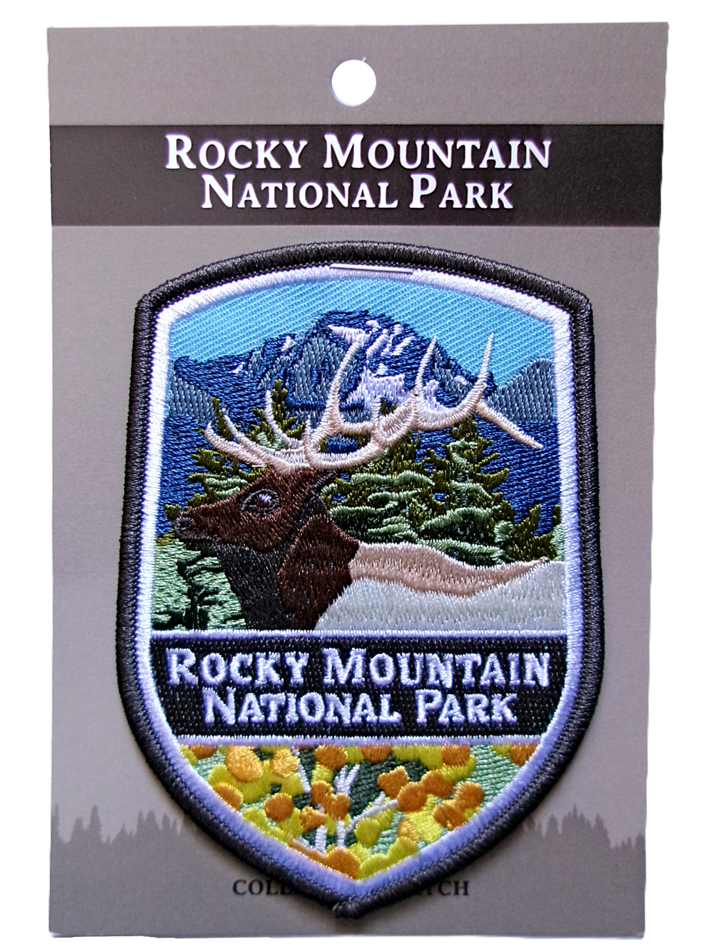 Collector Elk Patch An embroidered Rocky Mountain National Park patch with a Rocky Mountain elk, trees, and mountains on a mounting card is titled "Patch - RMNP.