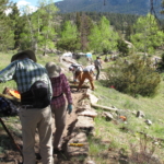 A group of people hiking up a trail.
