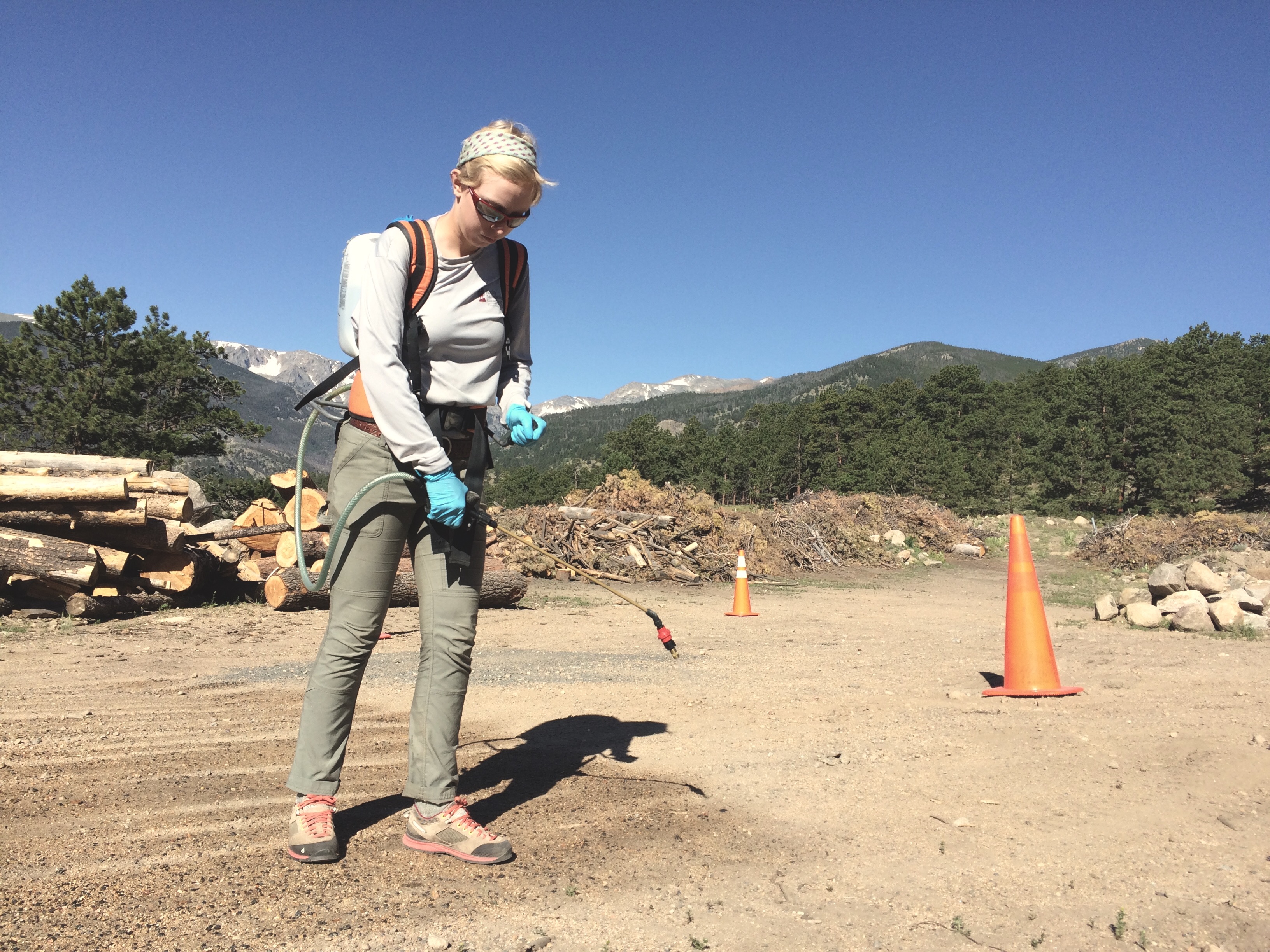 A woman in a mountainous, wooded area, holding a tool while looking downwards.