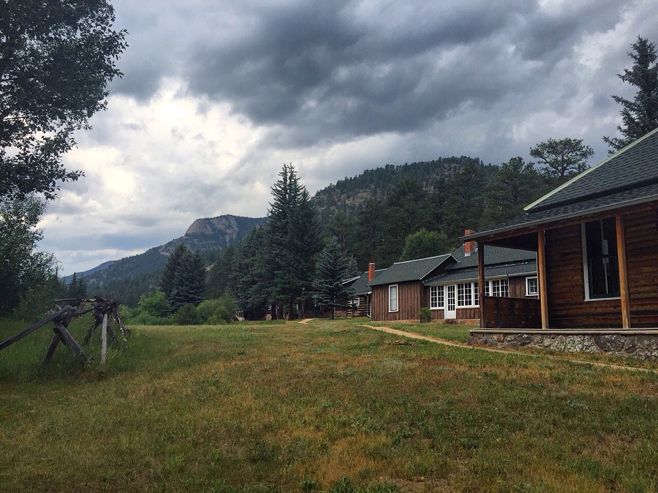 Rustic wooden cabins with green roofs in a grassy meadow