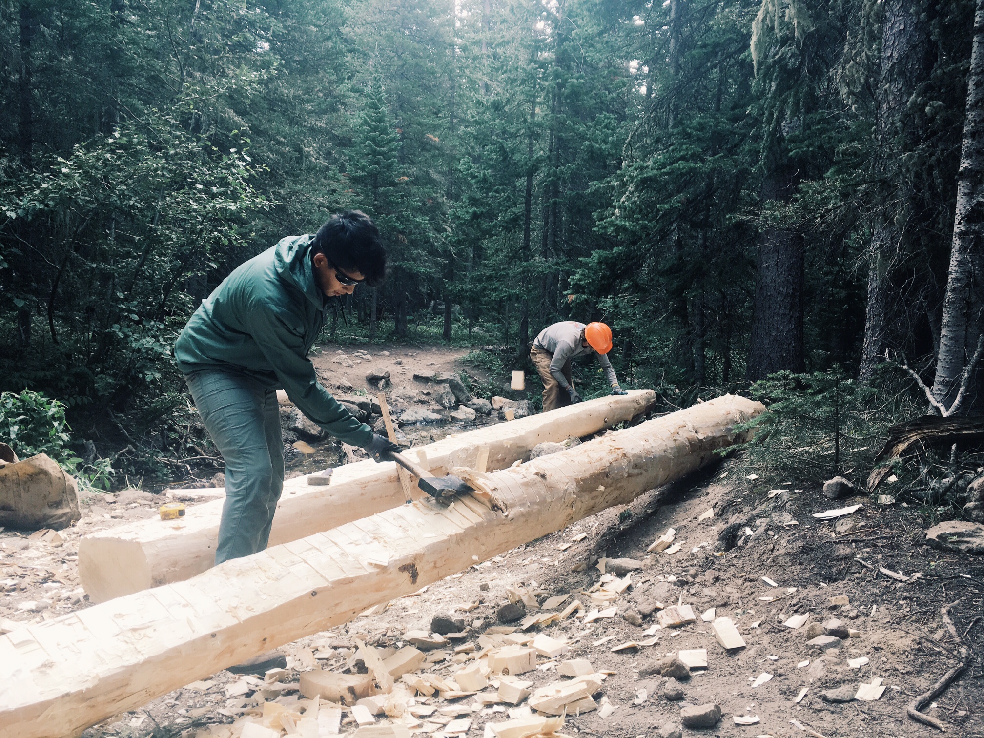 Two men carving logs with hand tools in a forest, surrounded by trees and scattered wood chips.