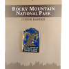 JR Ranger Junior Ranger pin featuring a ram on a blue background from Rocky Mountain National Park, attached to a branded card.