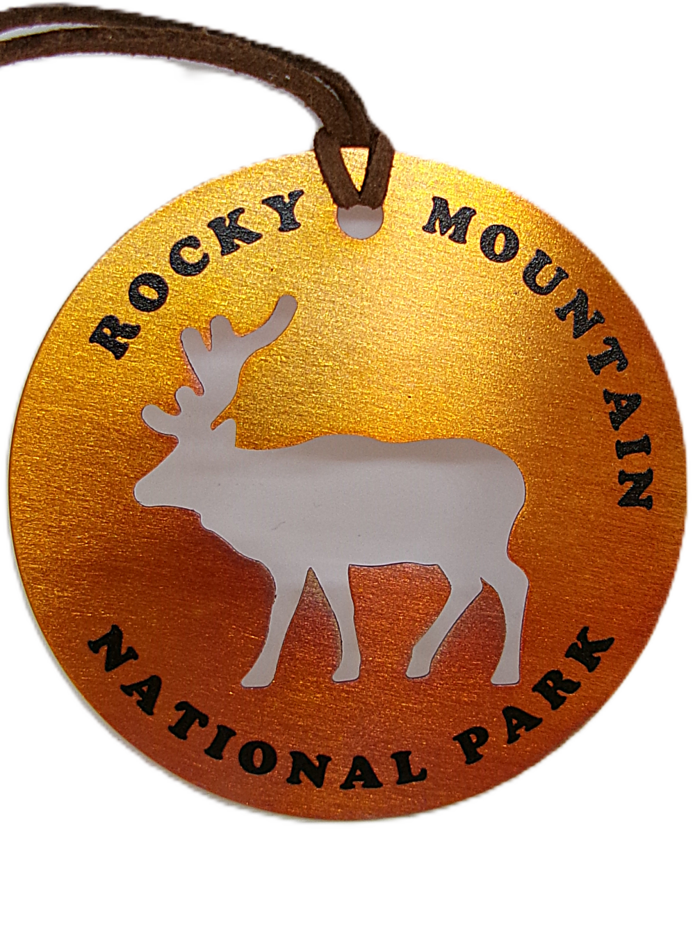 Copper-finished ornament featuring a cutout elk silhouette and “Rocky Mountain National Park” in black lettering around the edge. Product name: Ornament - Copper Elk.