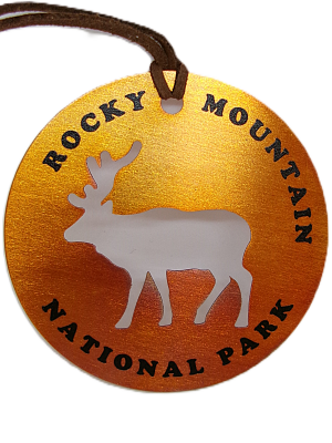 Copper-finished ornament featuring a cutout elk silhouette and “Rocky Mountain National Park” in black lettering around the edge. Product name: Ornament - Copper Elk.