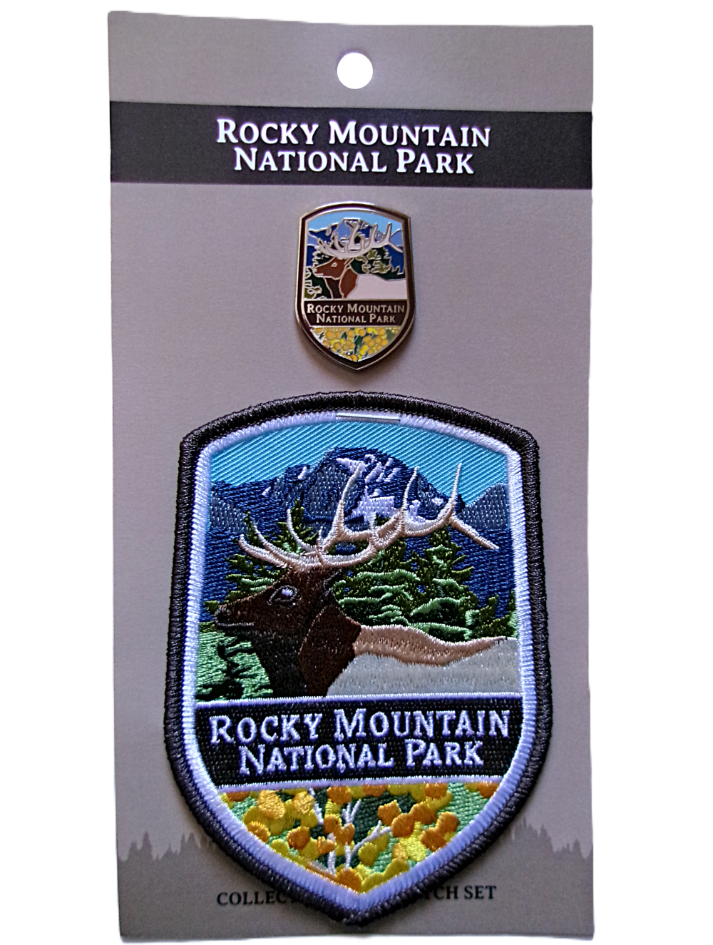 Pin and Patch Combo Rocky Mountain National Park pin and patch set, titled "Pin/Patch Combination - RMNP Elk," showcases an elk illustration with a mountain landscape.