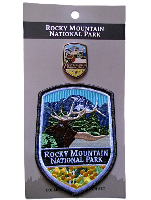 Rocky Mountain National Park pin and patch set, titled "Pin/Patch Combination - RMNP Elk," showcases an elk illustration with a mountain landscape.