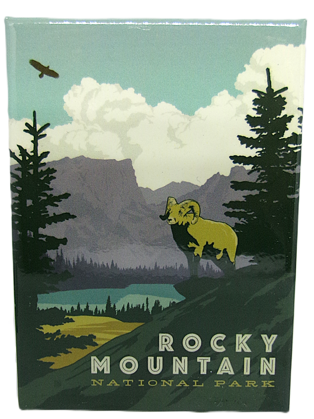 Bighorn Magnet The Magnet - RMNP Bighorn Sheep features an illustration of Rocky Mountain National Park with a bighorn sheep, pine trees, mountains, and an eagle in the sky.