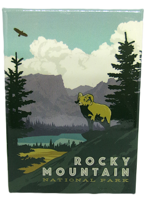 The Magnet - RMNP Bighorn Sheep features an illustration of Rocky Mountain National Park with a bighorn sheep, pine trees, mountains, and an eagle in the sky.