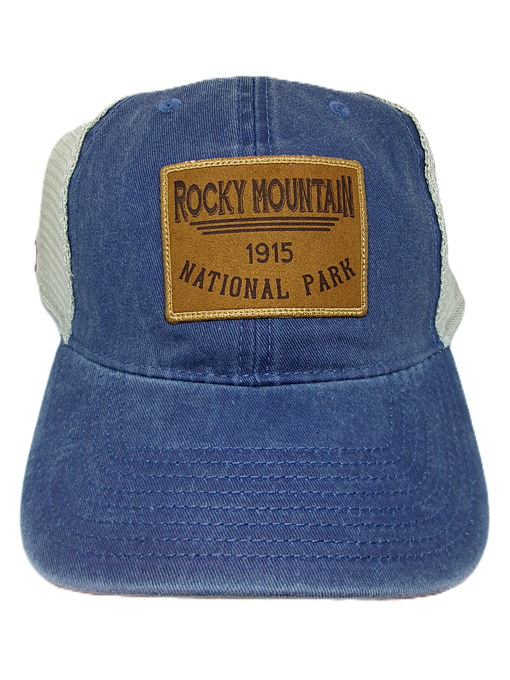 180 The Hat - RMNP Trucker is a blue trucker hat featuring a mesh back and a brown patch on the front that reads "Rocky Mountain National Park 1915.