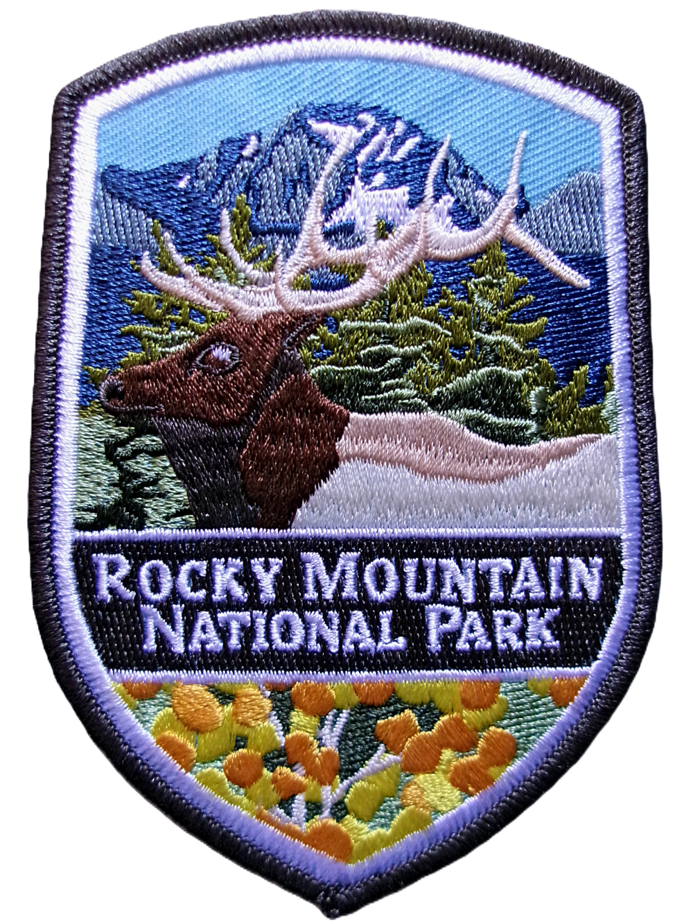 Collector elk Magnet Embroidered "RMNP Patch" magnet portraying a deer, trees, mountains, and colorful flowers.