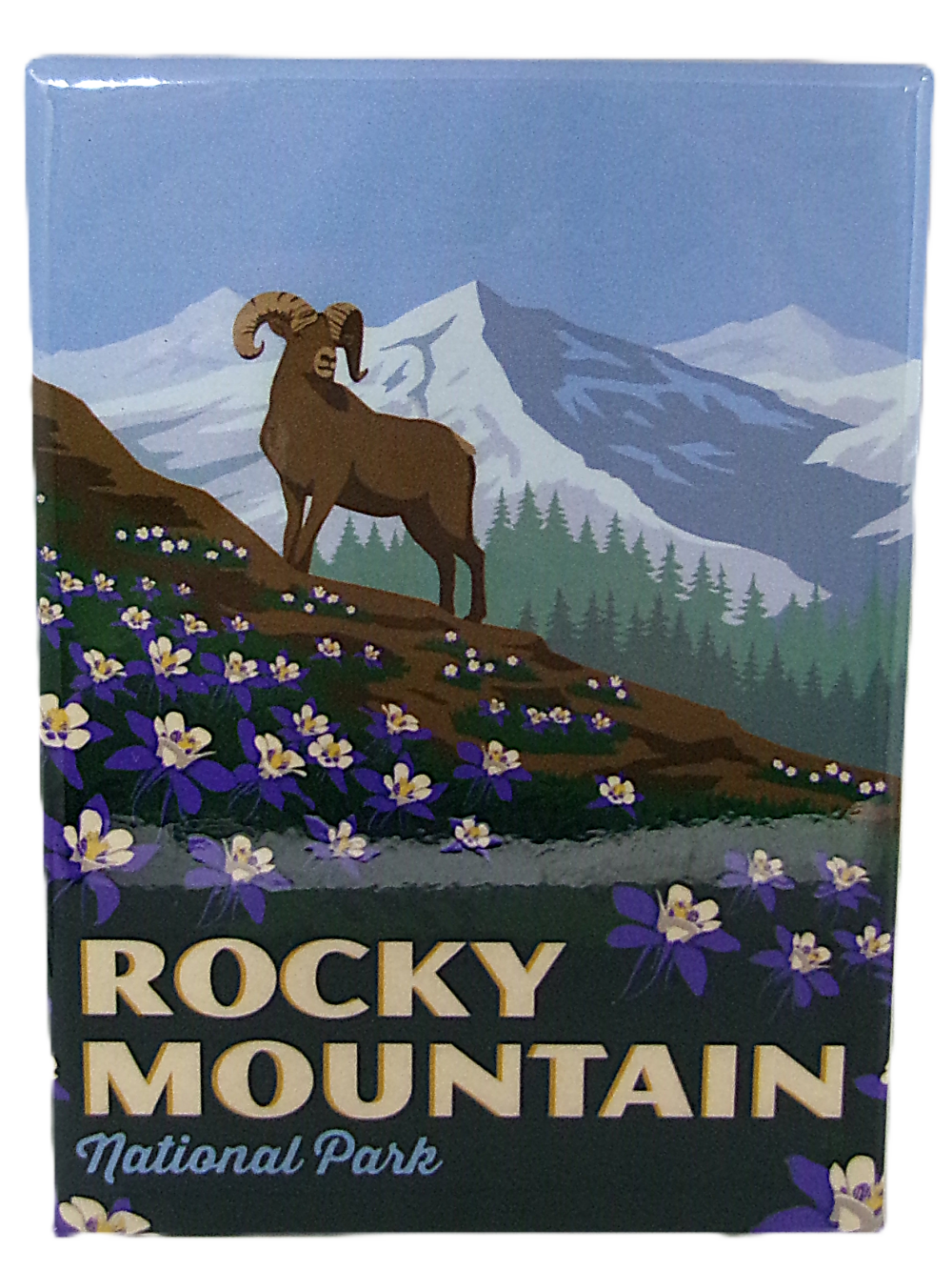 Columbine Bighorn The "Magnet - RMNP Bighorn Columbine" features an illustration of a ram on a flower-covered slope in front of snow-capped mountains, with the text "Rocky Mountain National Park" at the bottom.