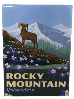 The "Magnet - RMNP Bighorn Columbine" features an illustration of a ram on a flower-covered slope in front of snow-capped mountains, with the text "Rocky Mountain National Park" at the bottom.