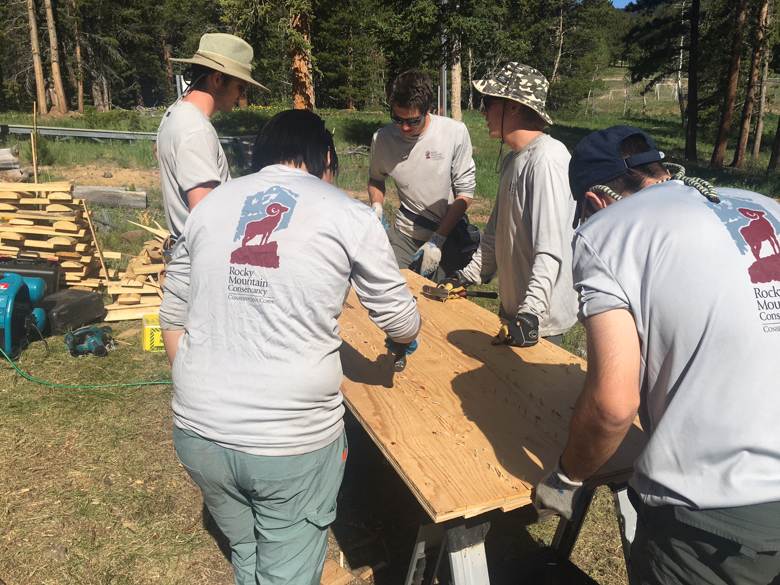Five people working together to assemble wooden structures outdoors