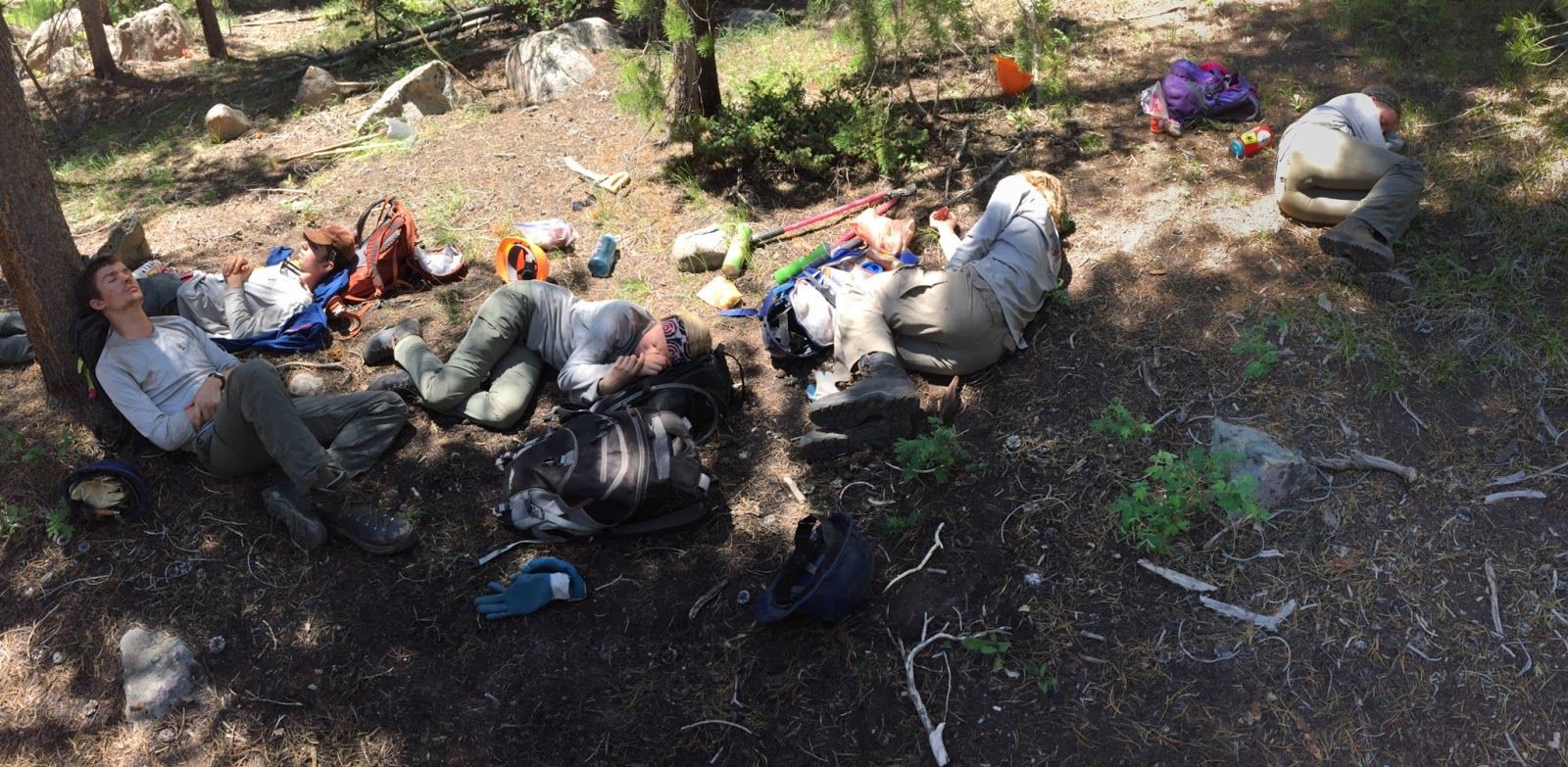 Group of hikers resting on the ground in a forest